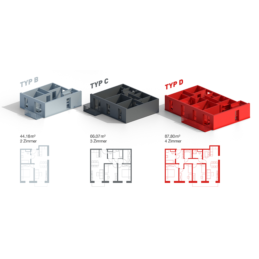 Visualisierung von TETRIQX Wohnungstypen Grundrisse